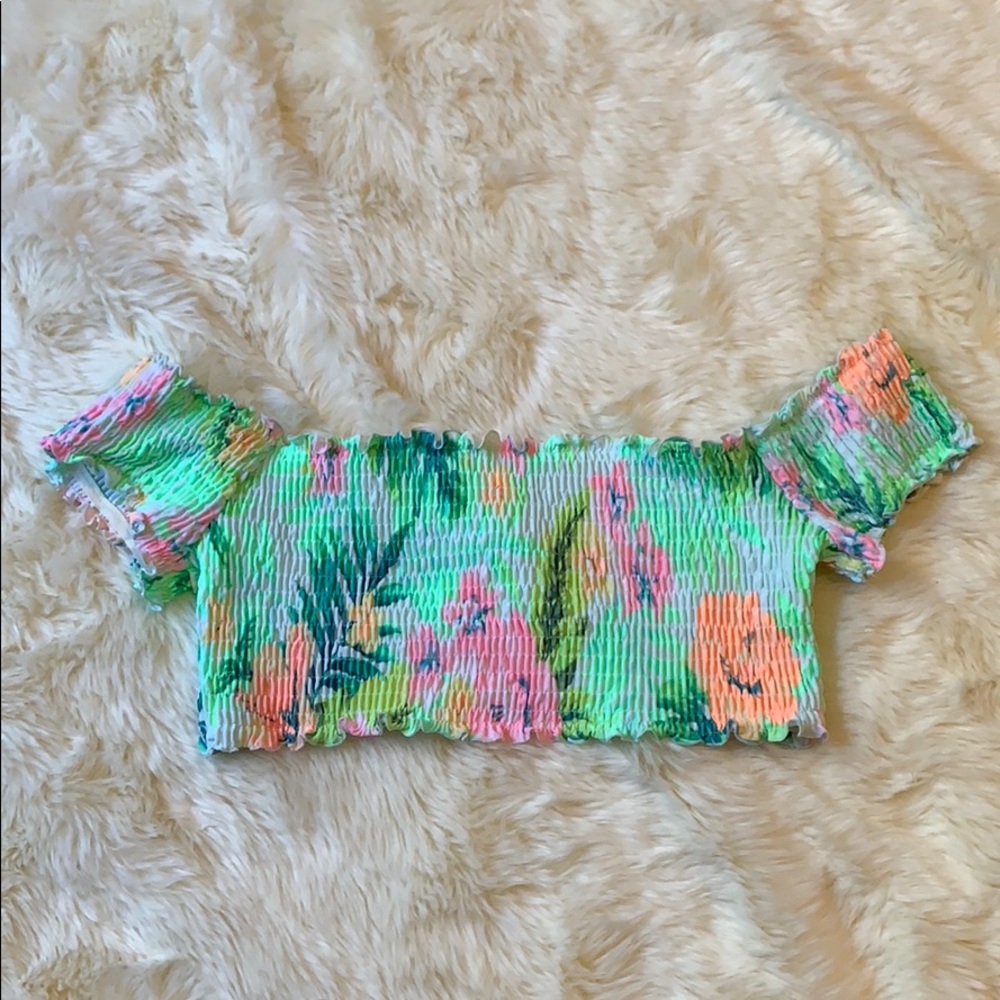 Neon Ruffle Ruched Off The Shoulder Bikini Top